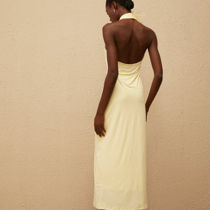Michelina Yellow Maxi Dress Halterneck 3D Petal Fitted Waist Open Back Tulle Paneling Side Zip Fastening 100% Terylene Fiber Formal Events