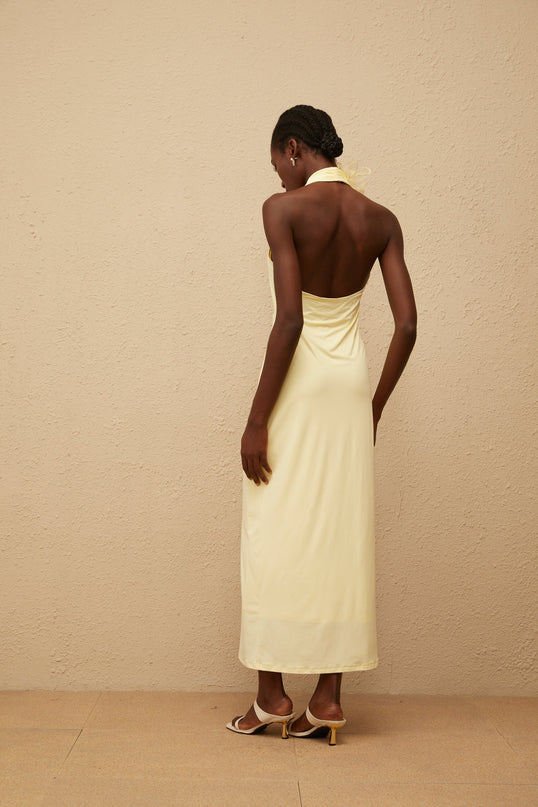 Michelina Yellow Maxi Dress Halterneck 3D Petal Fitted Waist Open Back Tulle Paneling Side Zip Fastening 100% Terylene Fiber Formal Events