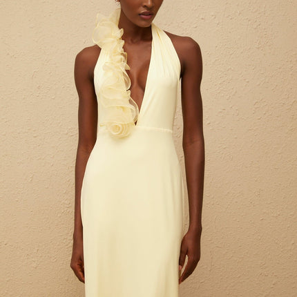 Michelina Yellow Maxi Dress Halterneck 3D Petal Detail Open Back Tulle Panel Side Zip Fastening Terylene Fiber