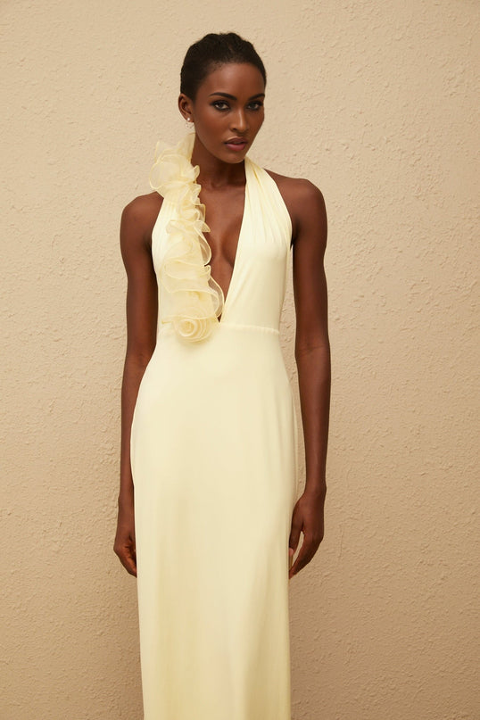 Michelina Yellow Maxi Dress Halterneck 3D Petal Detail Open Back Tulle Panel Side Zip Fastening Terylene Fiber