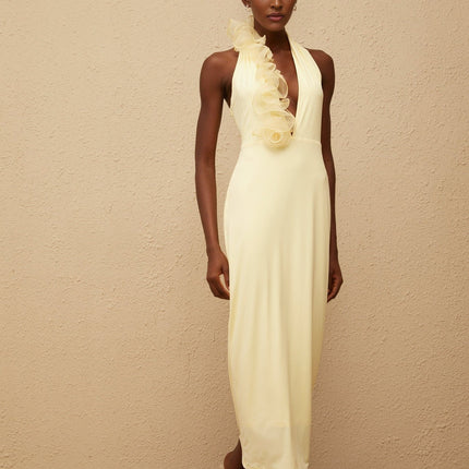 Michelina Yellow Maxi Dress Halterneck 3D Petal Detailing Open Back Tulle Paneling Side Zip Fastening Terylene Fiber
