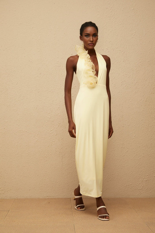 Michelina Yellow Maxi Dress Halterneck 3D Petal Detailing Open Back Tulle Paneling Side Zip Fastening Terylene Fiber