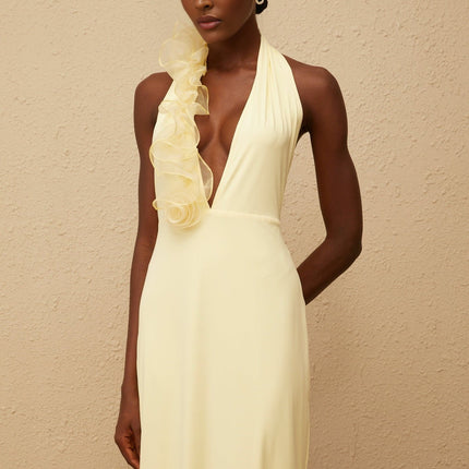 Michelina Yellow Maxi Dress Halterneck 3D Petal Detail Fitted Waistline Open Back Tulle Panelling Straight Hem Side Zip Fastening 100% Terylene Fiber Special Occasions Formal Events