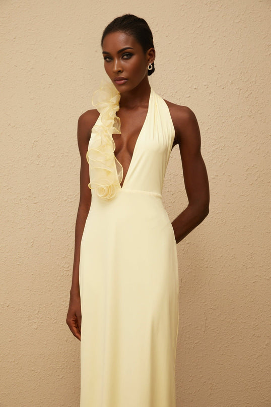 Michelina Yellow Maxi Dress Halterneck 3D Petal Detail Fitted Waistline Open Back Tulle Panelling Straight Hem Side Zip Fastening 100% Terylene Fiber Special Occasions Formal Events