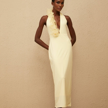 Michelina Yellow Maxi Dress Halterneck 3D-Petal Fitted Waistline Open Back Tulle Panelling Maxi Length Straight Hem Side Zip Fastening 100% Terylene Fiber Special Occasions Formal Events