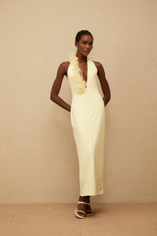Michelina Yellow Maxi Dress Halterneck 3D-Petal Fitted Waistline Open Back Tulle Panelling Maxi Length Straight Hem Side Zip Fastening 100% Terylene Fiber Special Occasions Formal Events