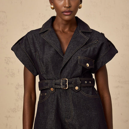 Michelle Belted Playsuit in Indigo Blue Denim with Notched Lapels and V-Neck
