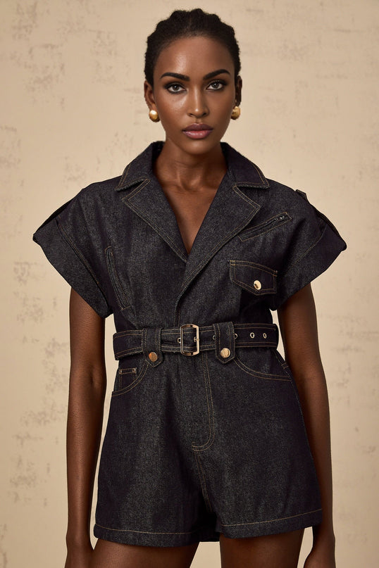 Michelle Belted Playsuit in Indigo Blue Denim with Notched Lapels and V-Neck