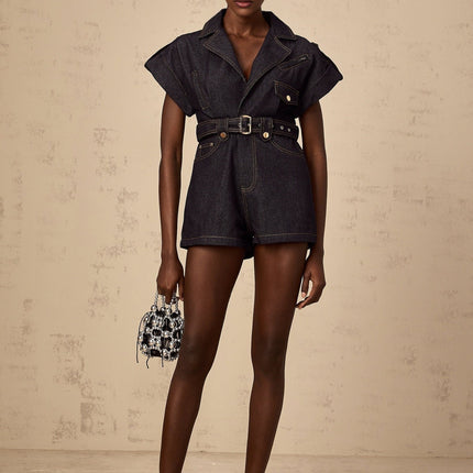 Michelle Belted Playsuit Indigo Blue Denim Epaulet Design Contrast Stitching V-Neck Detachable Waist Belt Chest Inset Pockets Side Slit Pockets Button Fastening 70% Cotton 30% Terylene Fiber