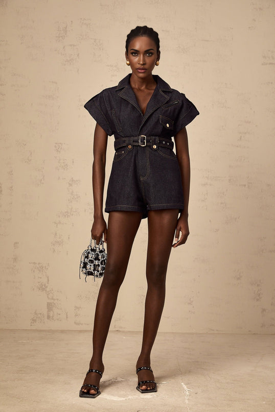 Michelle Belted Playsuit Indigo Blue Denim Epaulet Design Contrast Stitching V-Neck Detachable Waist Belt Chest Inset Pockets Side Slit Pockets Button Fastening 70% Cotton 30% Terylene Fiber