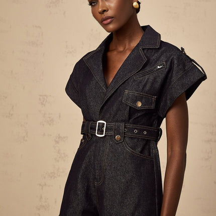 Michelle Belted Playsuit Indigo Blue Denim Notched Lapels V-neck Epaulet Design Contrast Stitching Detachable Waist Belt Chest Inset Pockets Side Slit Pockets Button Fastening Cotton Terylene Fiber