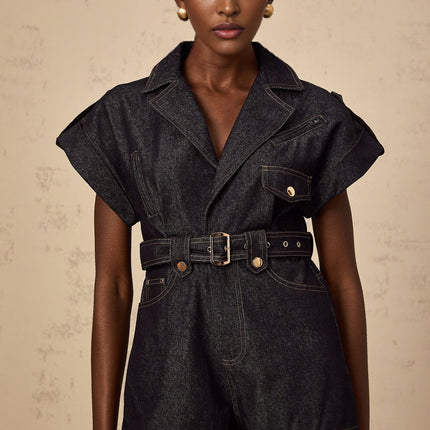 Michelle Belted Playsuit in Indigo Blue Denim with Notched Lapels and V-Neck