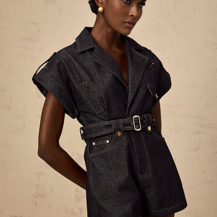 Michelle Belted Playsuit in Indigo Blue Denim with Notched Lapels and V-Neck