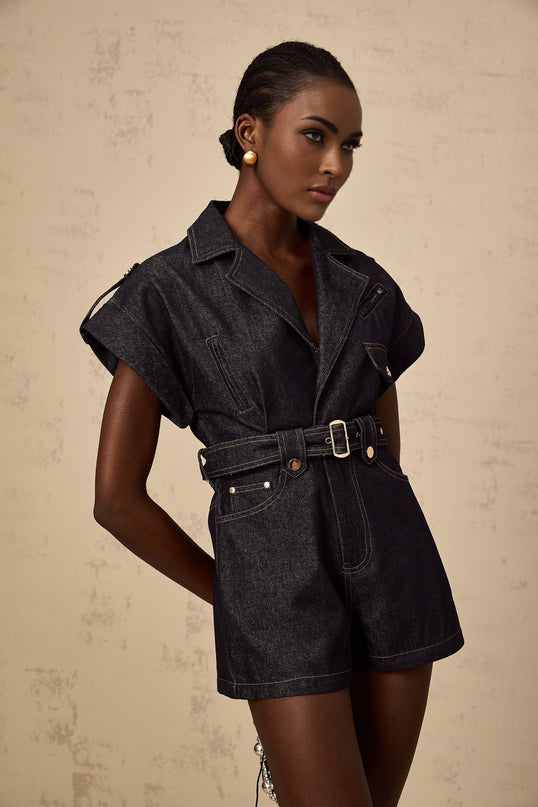 Michelle Belted Playsuit in Indigo Blue Denim with Notched Lapels and V-Neck