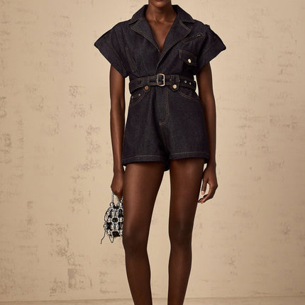 Michelle Belted Playsuit Indigo Blue Denim Epaulet Design V-Neck Contrast Stitching Detachable Waist Belt Chest Pockets Side Slit Pockets Button Fastening Cotton Terylene Fiber