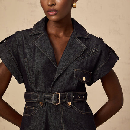 Michelle Indigo Blue Belted Playsuit with Notched Lapels and V-Neck in Cotton Terylene Blend