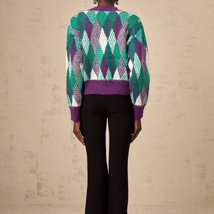 Michelle Purple Multicolor Argyle Intarsia Knit Rhinestone Embellished V-Neck Long Sleeve Top