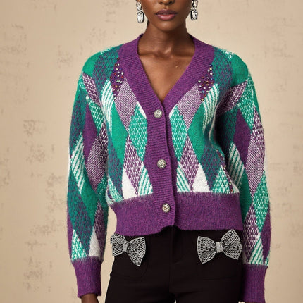 Michelle Purple Multicolor Argyle Intarsia Knit Rhinestone Embellished Cropped Top