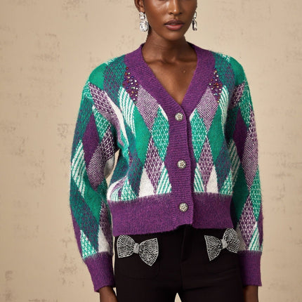 Michelle Purple Multicolor Argyle Intarsia Knit Rhinestone Embellished Cropped Top