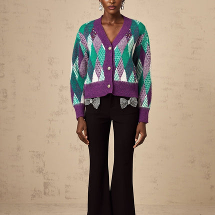 Michelle Purple Multicolor Argyle Intarsia Knit Rhinestone Embellished V-Neck Cropped Top