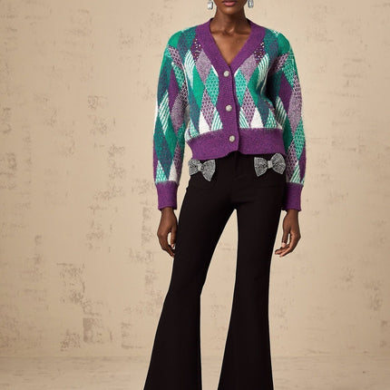 Michelle Purple Multicolor Argyle Intarsia Knit V-Neck Rhinestone Embellished Long Sleeve Top