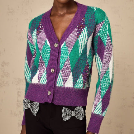 Michelle Purple Multicolor Argyle Intarsia Knit V-Neck Long Sleeve Rhinestone Embellished Cropped Top