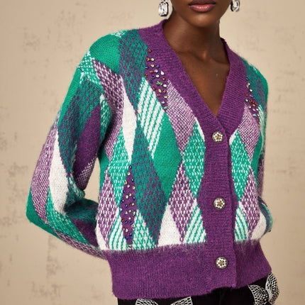 Michelle Purple Multicolor Argyle Intarsia Knit V-Neck Rhinestone Embellished Cropped Top