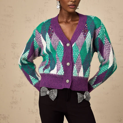 Michelle Purple Multicolor Argyle Knit Rhinestone Embellished V-Neck Top
