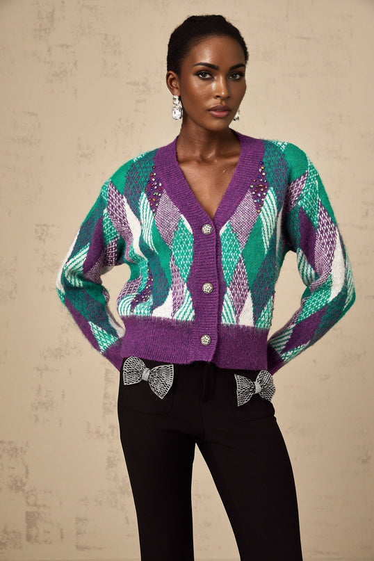 Michelle Purple Multicolor Argyle Knit Rhinestone Embellished V-Neck Top