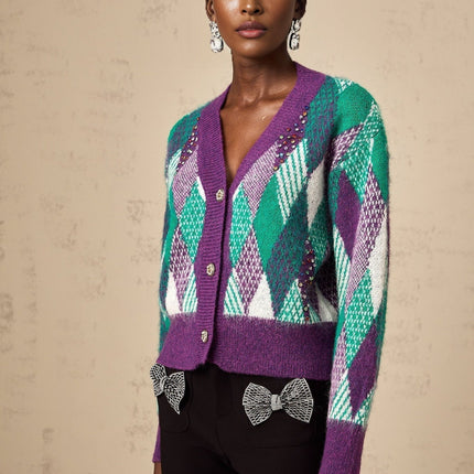 Michelle Purple Multicolor Argyle Knit Rhinestone Embellished Cropped Top