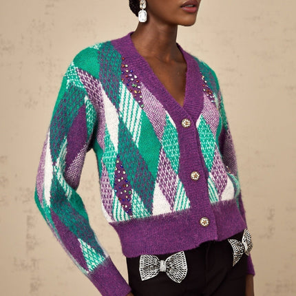 Michelle Purple Multicolor Argyle Knit Rhinestone Embellished Crop Top
