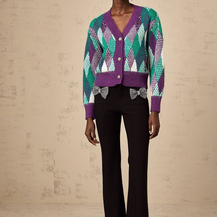 Michelle Purple Multicolor Argyle Knit Rhinestone Embellished Top