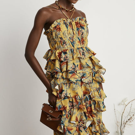 Midikleid mit Blumenmuster und Stufenrüschen namens Apolline