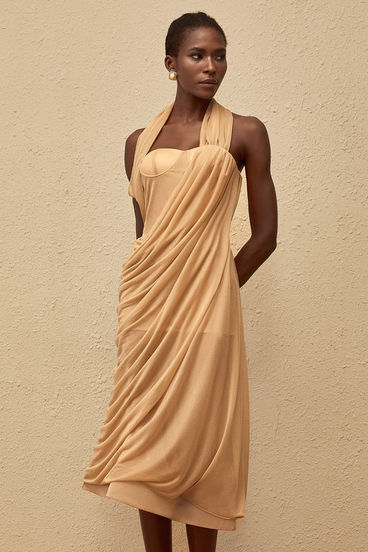 Mielikki Khaki Asymmetrical Tulle Panel Midi Dress
