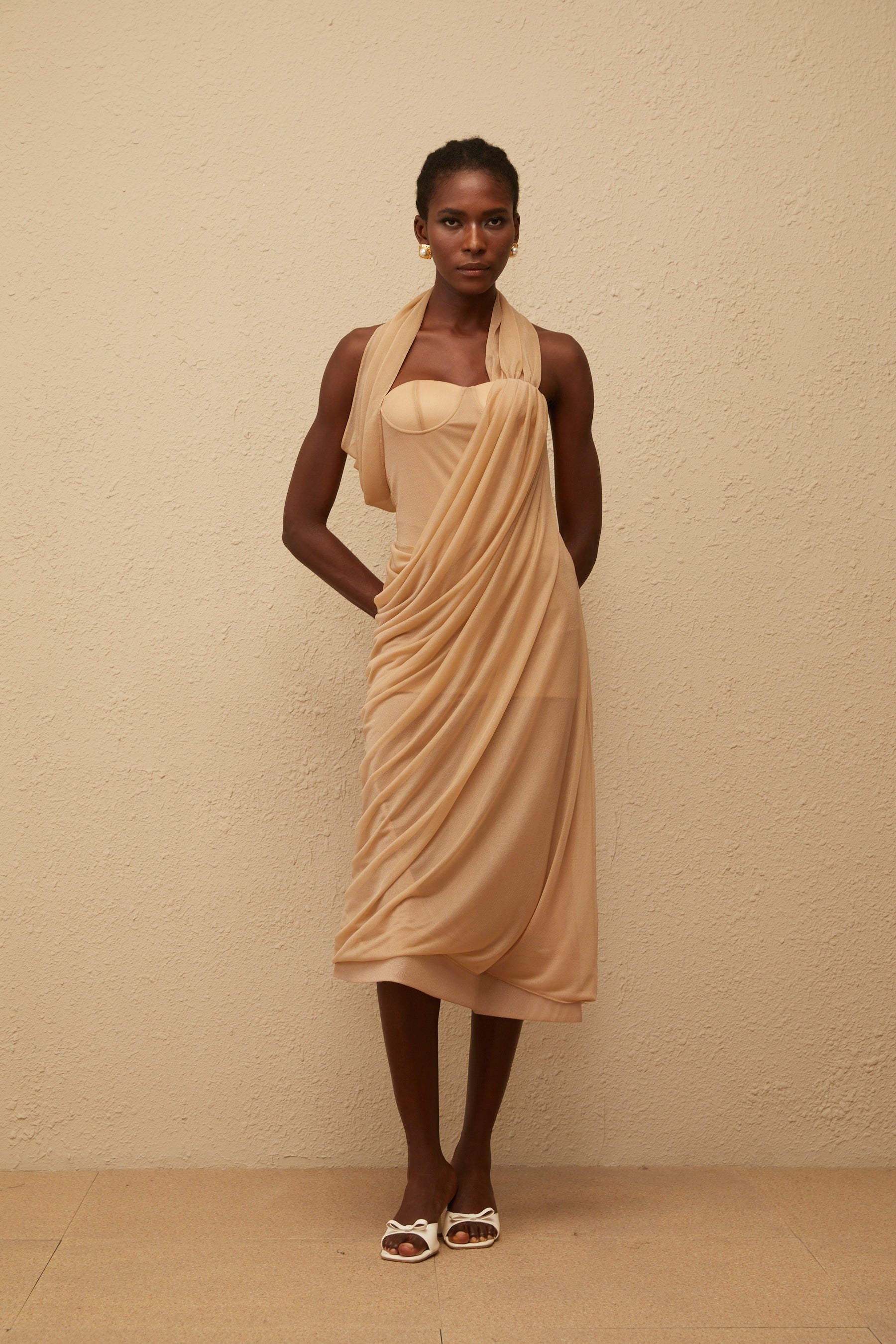 Mielikki Khaki Asymmetrical Tulle Panel Midi Dress