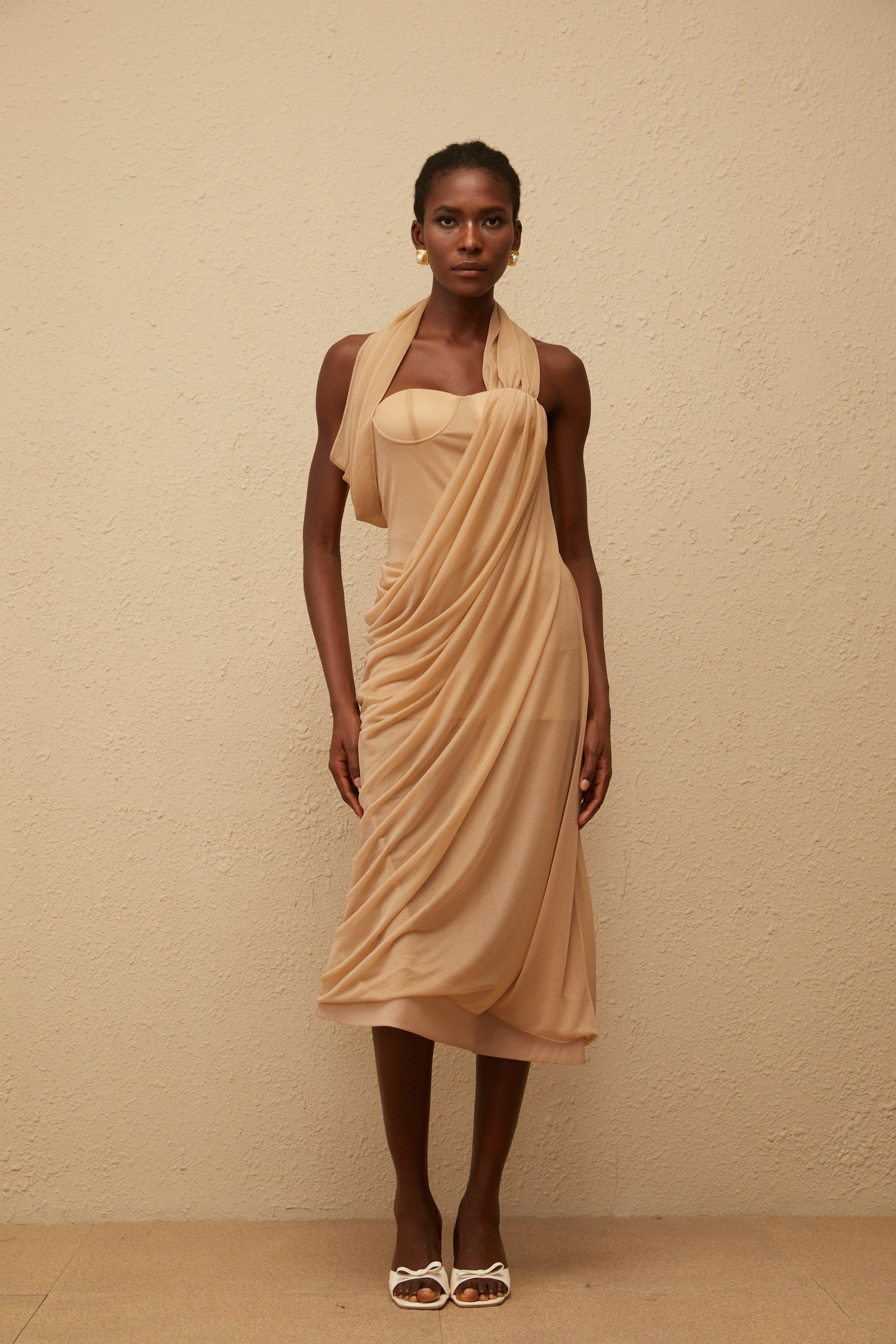Mielikki Khaki Asymmetrical Tulle Panel Midi Dress