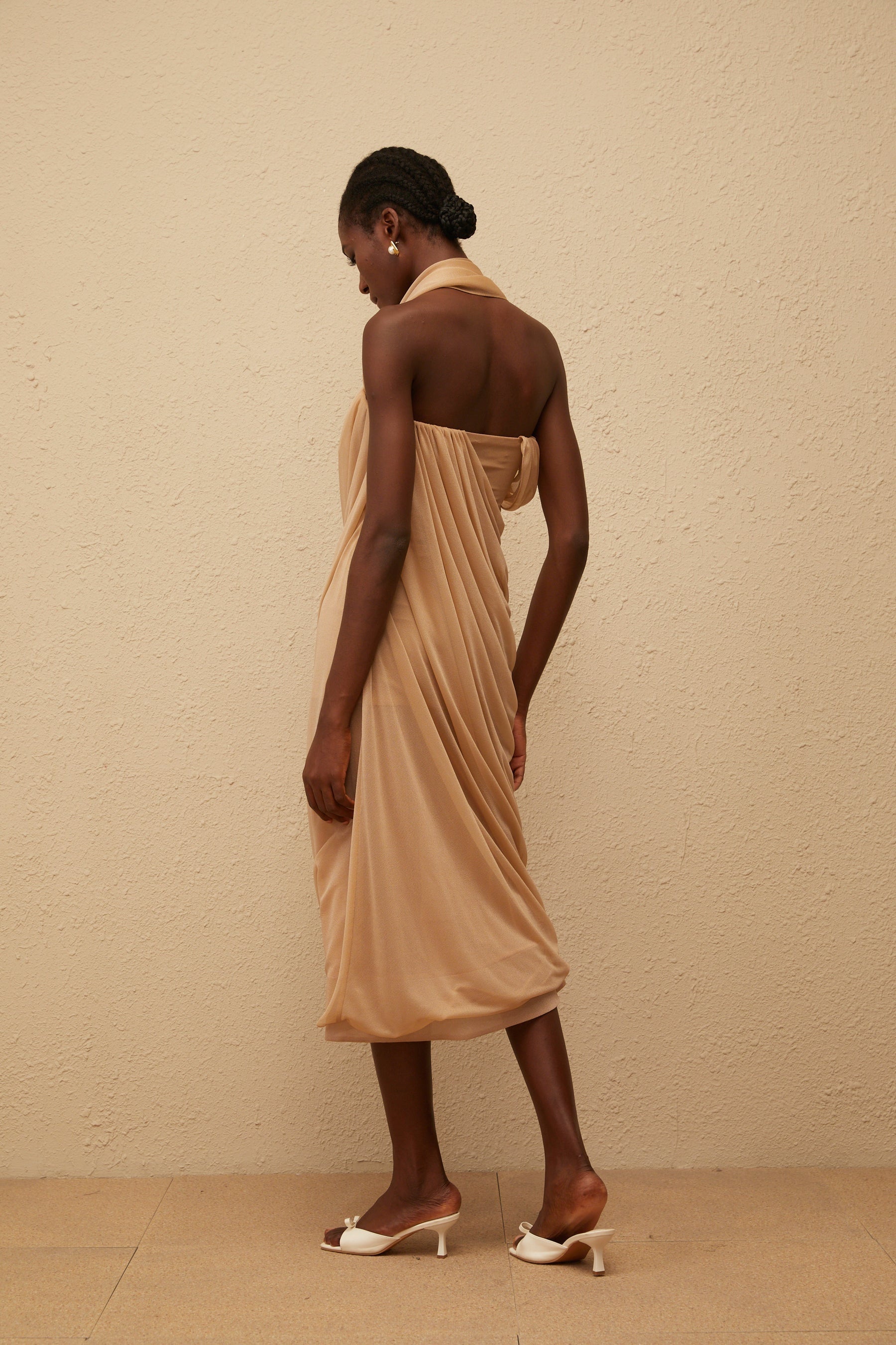 Mielikki Khaki Asymmetrical Tulle Panel Midi Dress