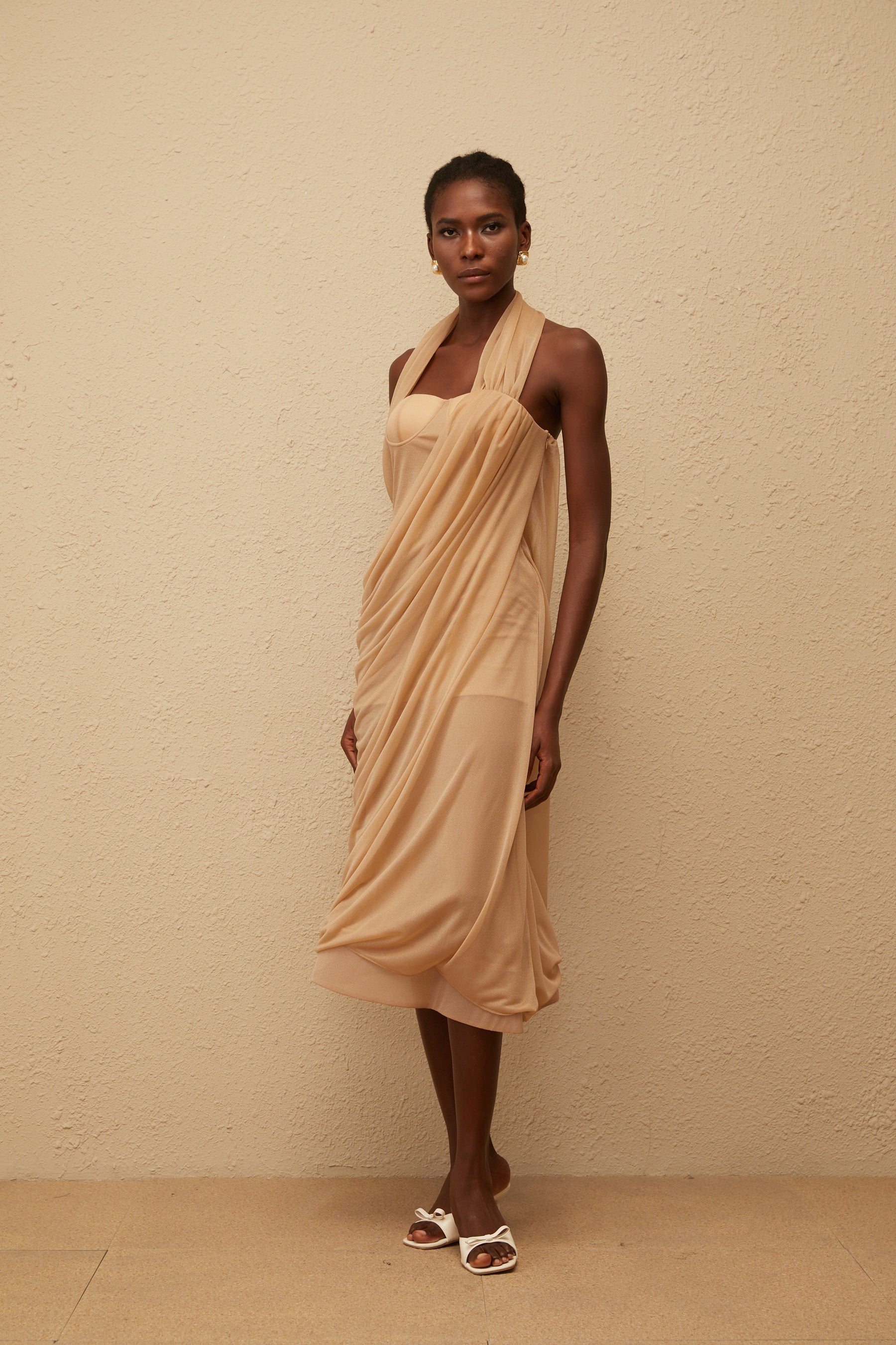 Mielikki Khaki Asymmetrical Tulle Panel Midi Dress