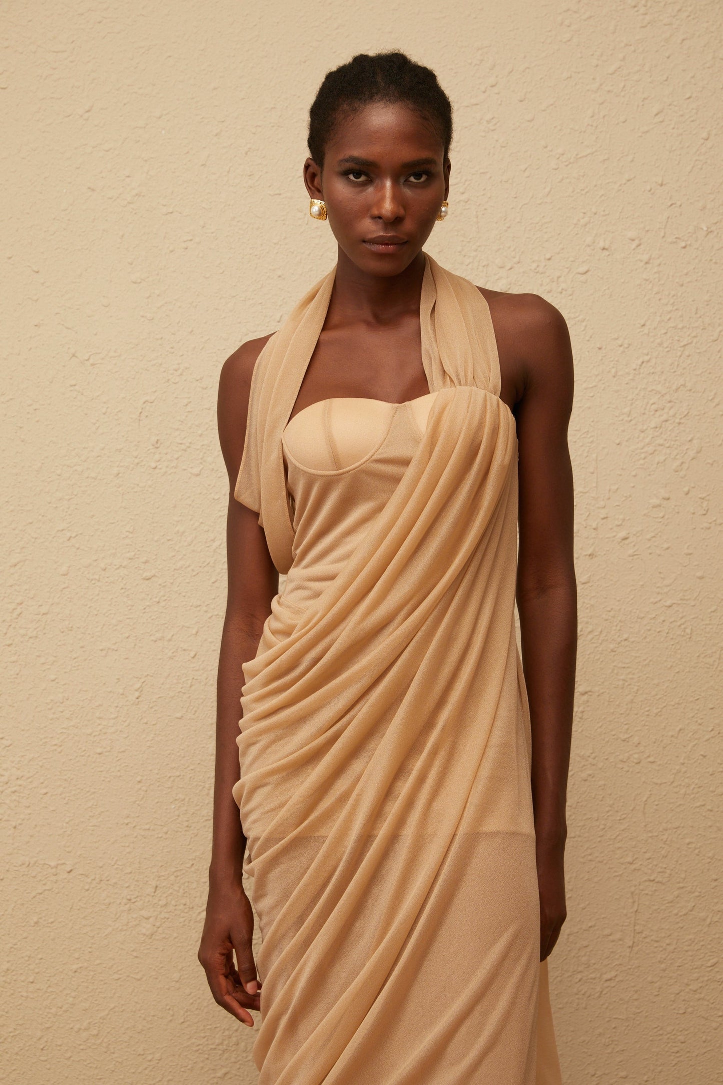 Mielikki Khaki Asymmetrical Tulle Panel Midi Dress
