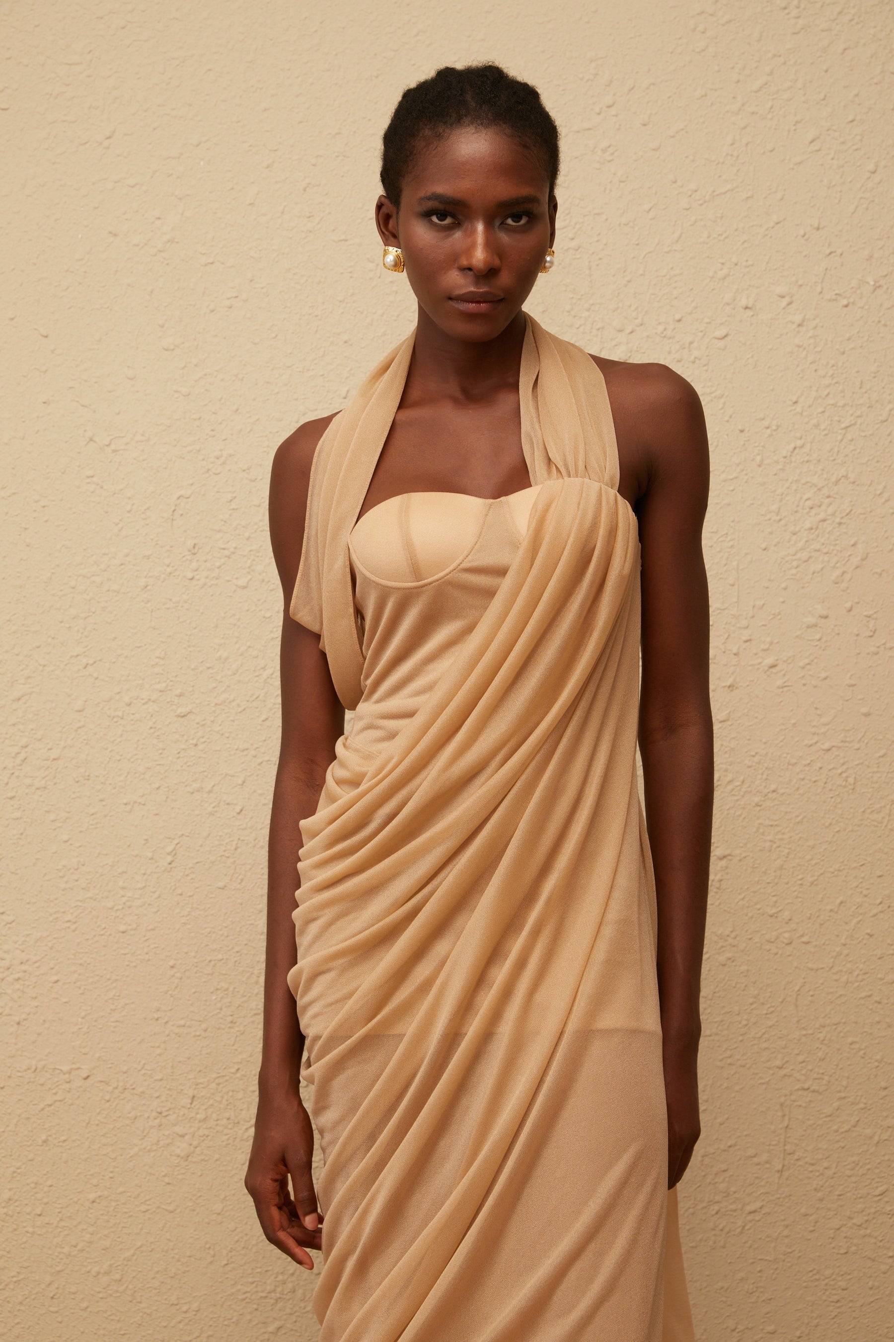 Mielikki Khaki Asymmetrical Tulle Panel Midi Dress