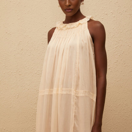 Mikayla Midi Dress in Neutrals Pleated Chiffon Frilled Neck Embroidered Calf-Length Sleeveless Loose Fit Dress