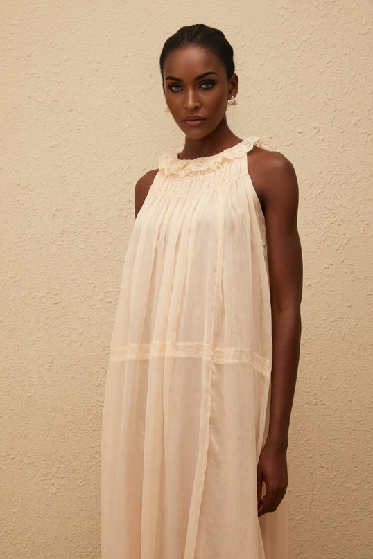 Mikayla Midi Dress in Neutrals Pleated Chiffon Frilled Neck Embroidered Calf-Length Sleeveless Loose Fit Dress
