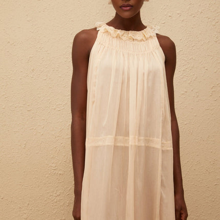Mikayla Midi Dress in Neutrals Pleated Chiffon Frilled Neck Embroidered Calf-length Sleeveless Loose Fit Dress