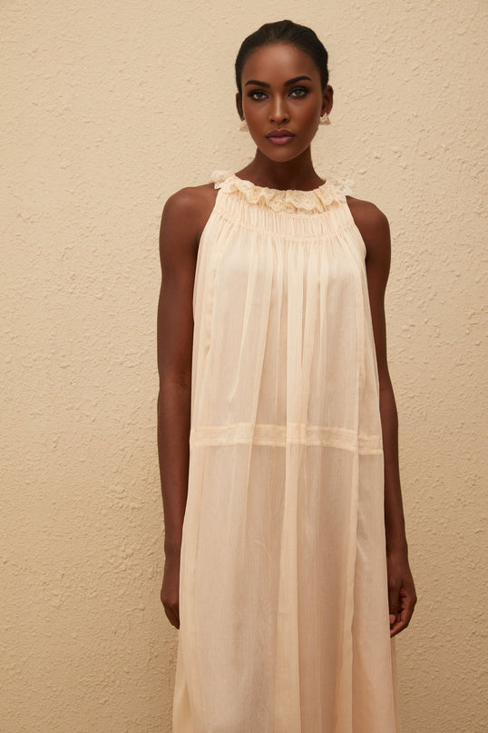 Mikayla Midi Dress in Neutrals Pleated Chiffon Frilled Neck Embroidered Calf-length Sleeveless Loose Fit Dress
