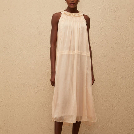 Mikayla Midi Dress in Neutrals Pleated Chiffon Frilled Neck Embroidered Sleeveless Calf-Length