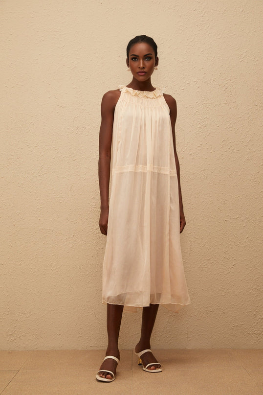 Mikayla Midi Dress in Neutrals Pleated Chiffon Frilled Neck Embroidered Sleeveless Calf-Length