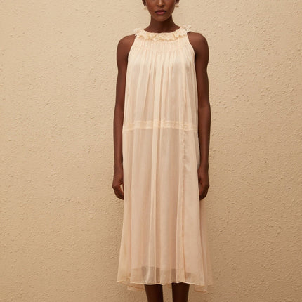 Mikayla Neutrals Pleated Chiffon Frilled Neck Dress