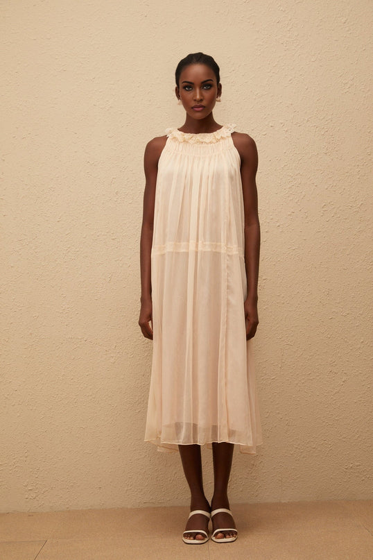 Mikayla Neutrals Pleated Chiffon Frilled Neck Dress