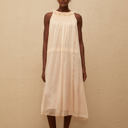 Mikayla Neutrals Pleated Chiffon Frilled Neck Dress