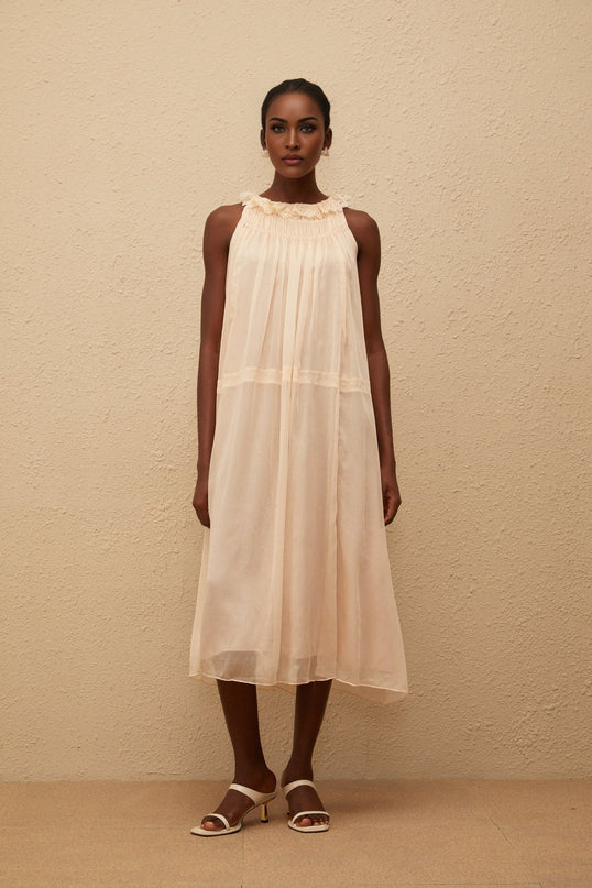 Mikayla Neutrals Pleated Chiffon Frilled Neck Dress